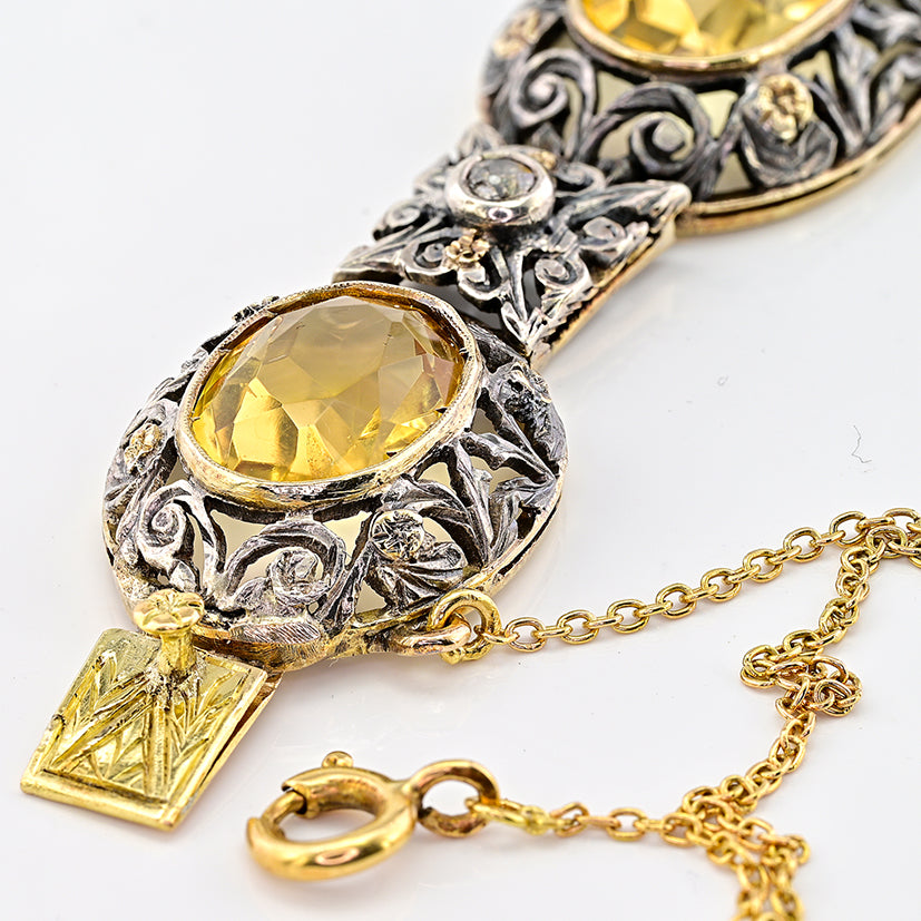 Edwardian Antique 25.45ct Natural Citrine Oval Panel Link Bracelet with Diamonds