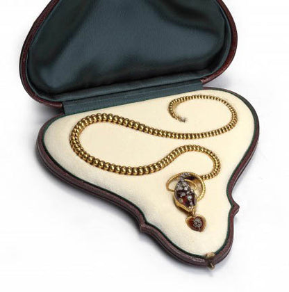 Antique Victorian Garnet Diamond and Gold Articulated Snake Necklace, in antique box, Circa 1860