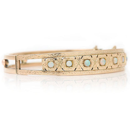 Edwardian Antique Opal and Engraved Gold Bangle Bracelet