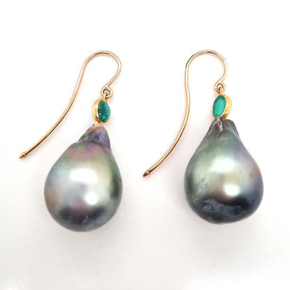 Grey Tahitian Pearl and Cabochon Emerald Drop Earrings