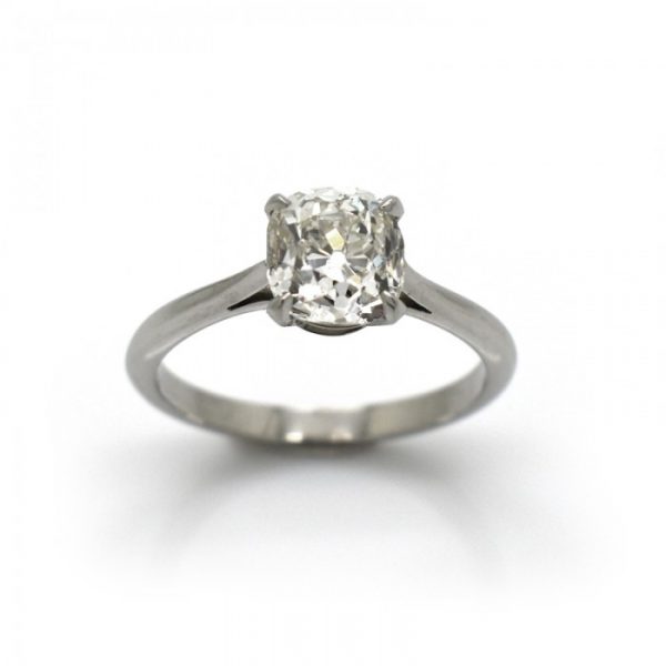 Cushion Cut Diamond Solitaire Engagement Ring in Platinum; four-claw set with a 1.64ct K colour VS1 clarity cushion old-cut diamond, with certificate