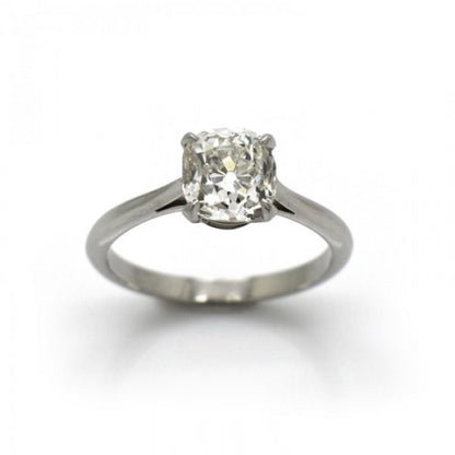 Cushion Cut Diamond Solitaire Engagement Ring in Platinum; four-claw set with a 1.64ct K colour VS1 clarity cushion old-cut diamond, with certificate