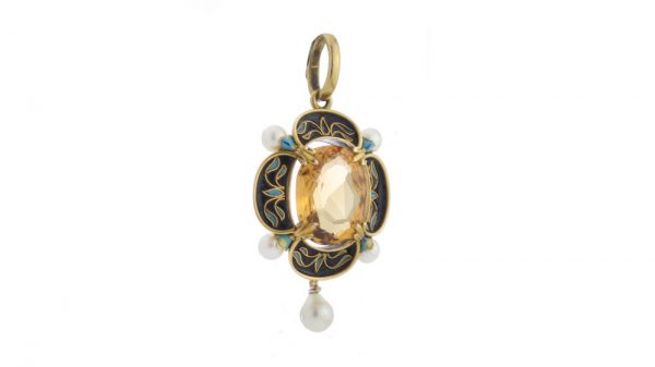Antique Victorian Citrine, Enamel, Pearl and 15ct Gold Pendant; central 8.00 carat oval faceted citrine, the black enamel surround with blue enamel highlights and pearl accents. Made in England, Circa 1870s
