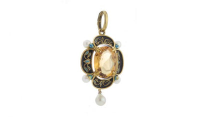 Antique Victorian Citrine, Enamel, Pearl and 15ct Gold Pendant; central 8.00 carat oval faceted citrine, the black enamel surround with blue enamel highlights and pearl accents. Made in England, Circa 1870s