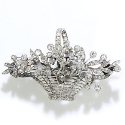 Art Deco Rose Cut Diamond Floral Basket Brooch in Platinum, 2 carat total
