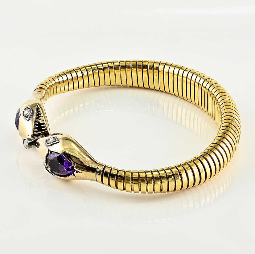 Vintage 1940s Retro Amethyst and Diamond Set 18ct Yellow Gold Snake Tubogas Bracelet