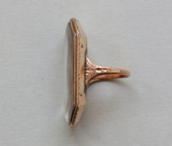 18th Century Antique Octagonal Rose Gold Mourning Ring; with large octagonal panel containing woven hair and bearing the initials JW in gold