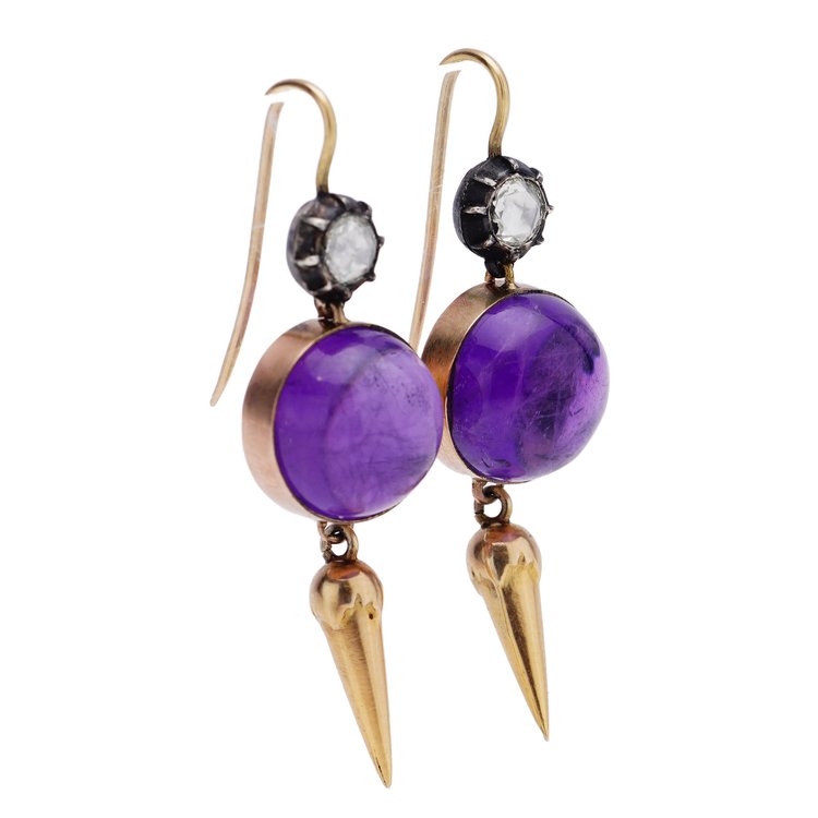 Antique Victorian Cabochon Amethyst and Diamond Drop Earrings