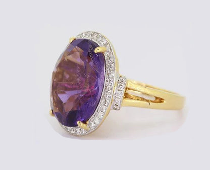 Amethyst and Diamond Oval Cluster Ring, set in 18ct yellow gold