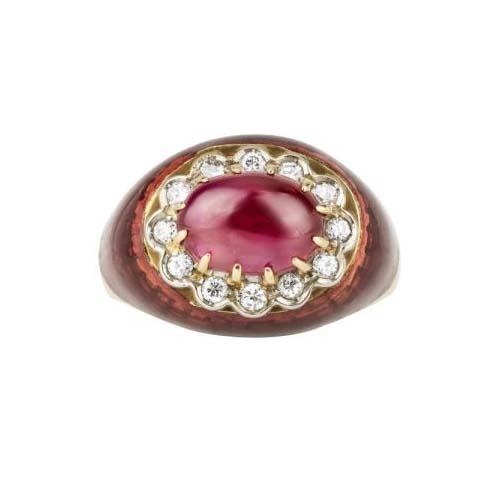 Vintage 1960s Cabochon Cut No Heat Burma Ruby Diamond and Red Enamel Ring