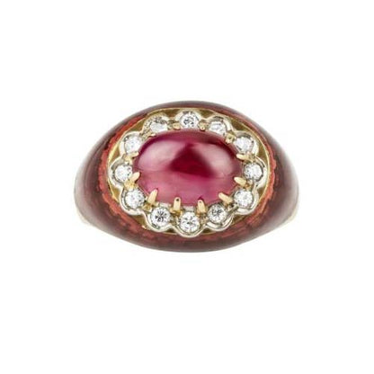 Vintage 1960s Cabochon Cut No Heat Burma Ruby Diamond and Red Enamel Ring