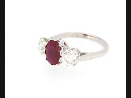 Natural Ruby and Diamond Three Stone Ring, 2.06 carats, Certified