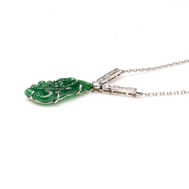 Art Deco Carved Jade Pendant Necklace with Diamonds