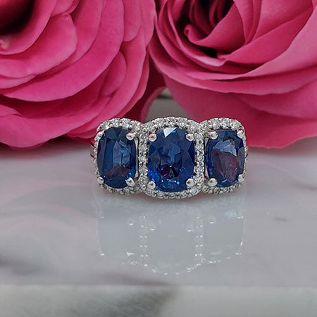 Oval Sapphire and Diamond Three Stone Cluster Dress Ring
