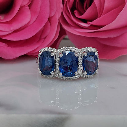 Oval Sapphire and Diamond Three Stone Cluster Dress Ring