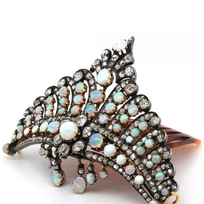Victorian Antique Opal and Diamond Crown Tiara Haircomb Necklace