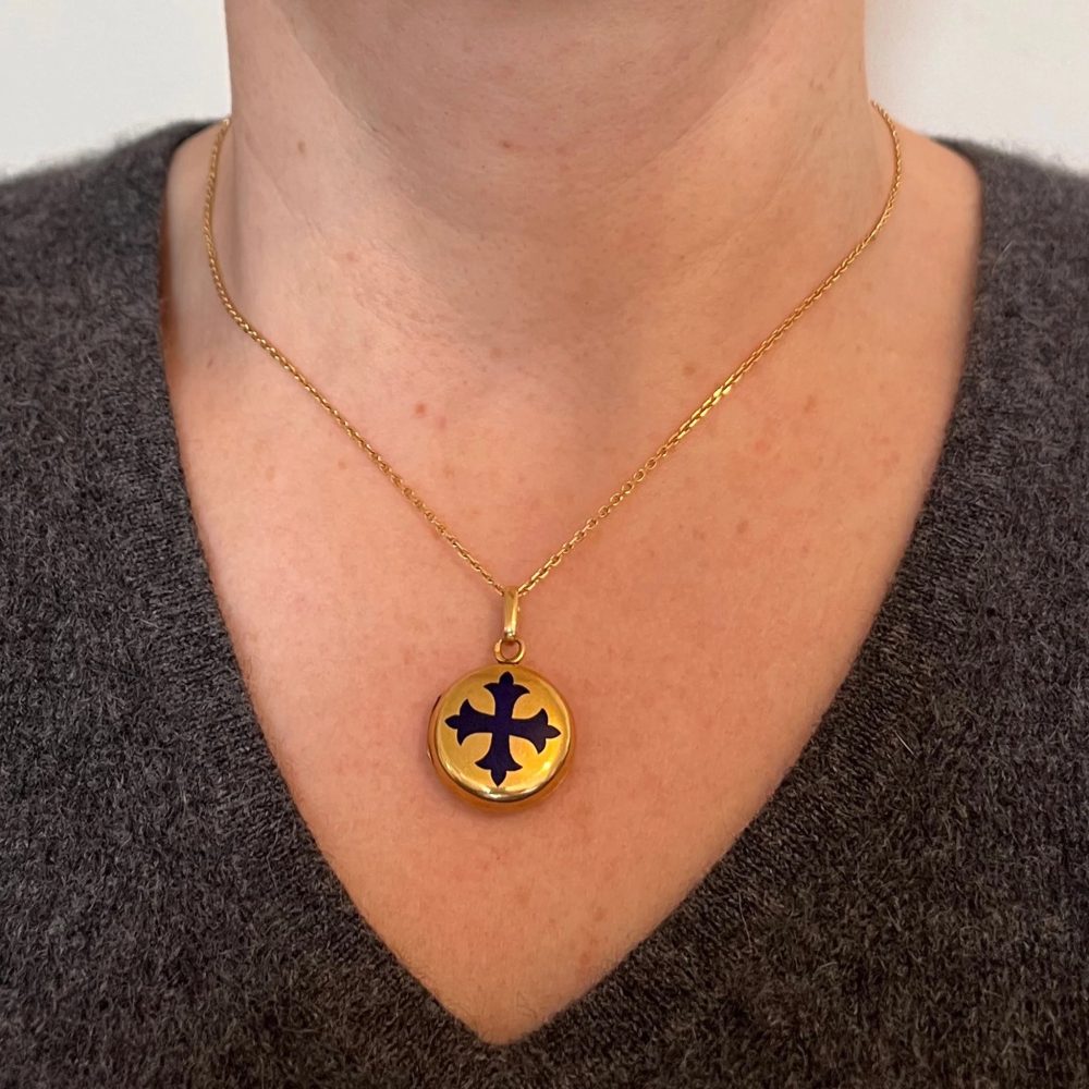 Vintage French Blue Enamel and Gold Cross Locket Pendant, designed as a reliquary for the True Cross text 'Vraie Croix'