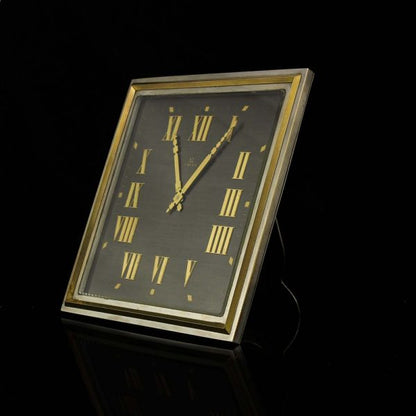 Art Deco Style Vintage Omega Table Desk Clock; black square dial with golden Roman numeral markers and hands, 8-day movement