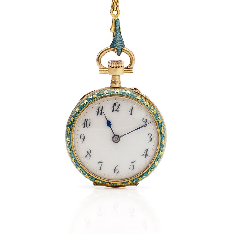 Vintage 1940s Gold and Guilloche Enamel Pendant Pocket Watch with Necklace