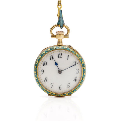 Vintage 1940s Gold and Guilloche Enamel Pendant Pocket Watch with Necklace