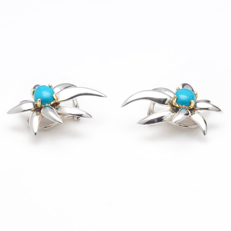 Vintage Tiffany and Co Turquoise Fireworks Clip On Earrings in 18ct Gold and Silver, Circa 1995