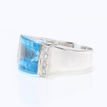 Vintage 8ct Natural Blue Topaz and Diamond Cocktail Ring in 18ct White Gold, Circa 1970s
