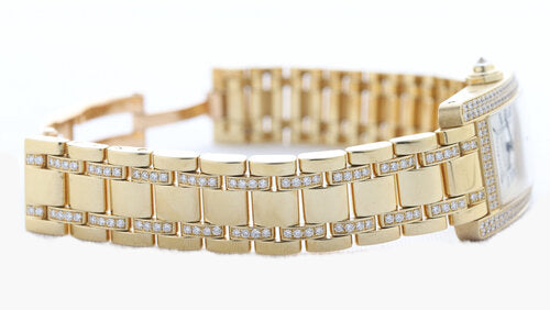 Cartier Tank Américaine 2482 Ladies Watch in 18ct Yellow Gold with Original Cartier Diamond Bezel and Bracelet, In very good condition and comes with Cartier box and papers.