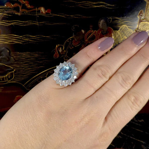 Vintage 4.30ct Oval Aquamarine and Diamond Double Cluster Ring in Platinum