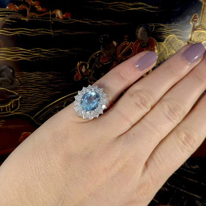 Vintage 4.30ct Oval Aquamarine and Diamond Double Cluster Ring in Platinum