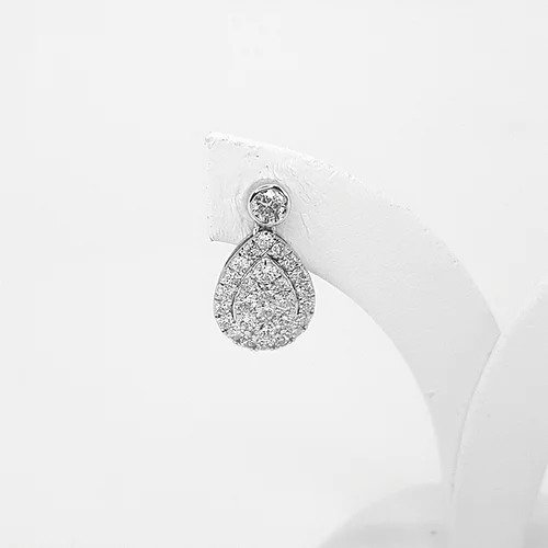 Pear Shaped Diamond Cluster Drop Earrings; brilliant cut diamonds arranged into pear-shaped clusters, suspended from round brilliant-cut diamond studs, 0.93 carat total, in 18ct white gold