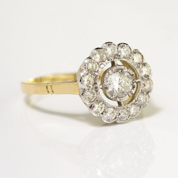 Diamond Floral Cluster Ring; 1.38 carat total, central 0.40ct G VS1 brilliant-cut diamond within diamond fixed halo surround, in 18ct yellow gold