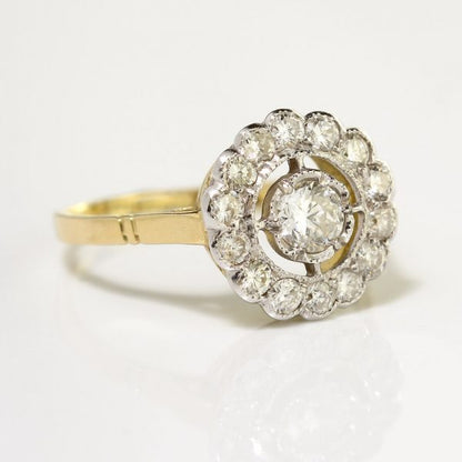 Diamond Floral Cluster Ring; 1.38 carat total, central 0.40ct G VS1 brilliant-cut diamond within diamond fixed halo surround, in 18ct yellow gold