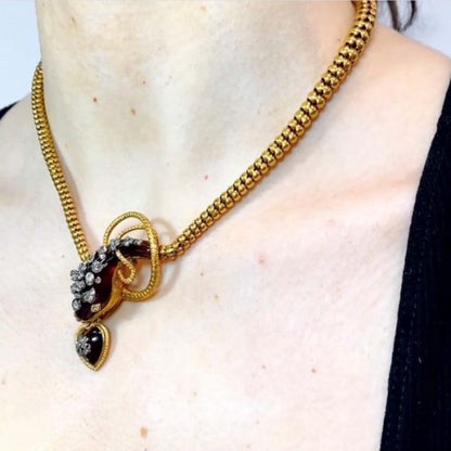Antique Victorian Garnet Diamond and Gold Articulated Snake Necklace