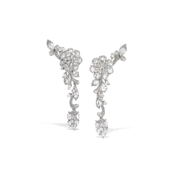 Rose Cut Diamond Floral Cluster Drop Earrings, 10.62 carats