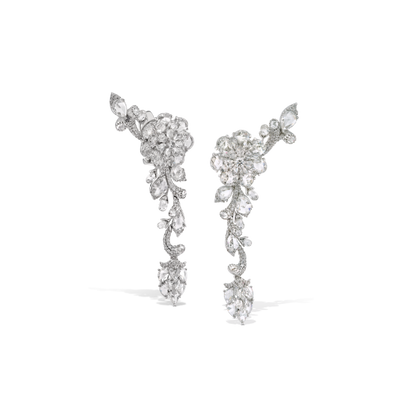 Rose Cut Diamond Floral Cluster Drop Earrings, 10.62 carats