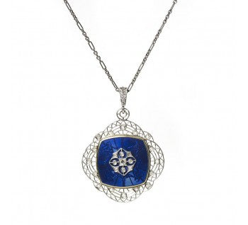 Art Deco Guilloche Enamel Diamond Platinum and Gold Locket Pendant
