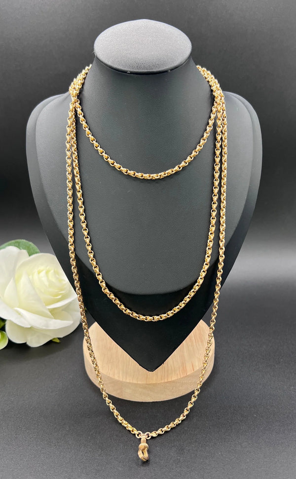 Antique 9 ct Gold Belcher Chain: Edwardian Fancy Belcher Link Long Guard Necklace