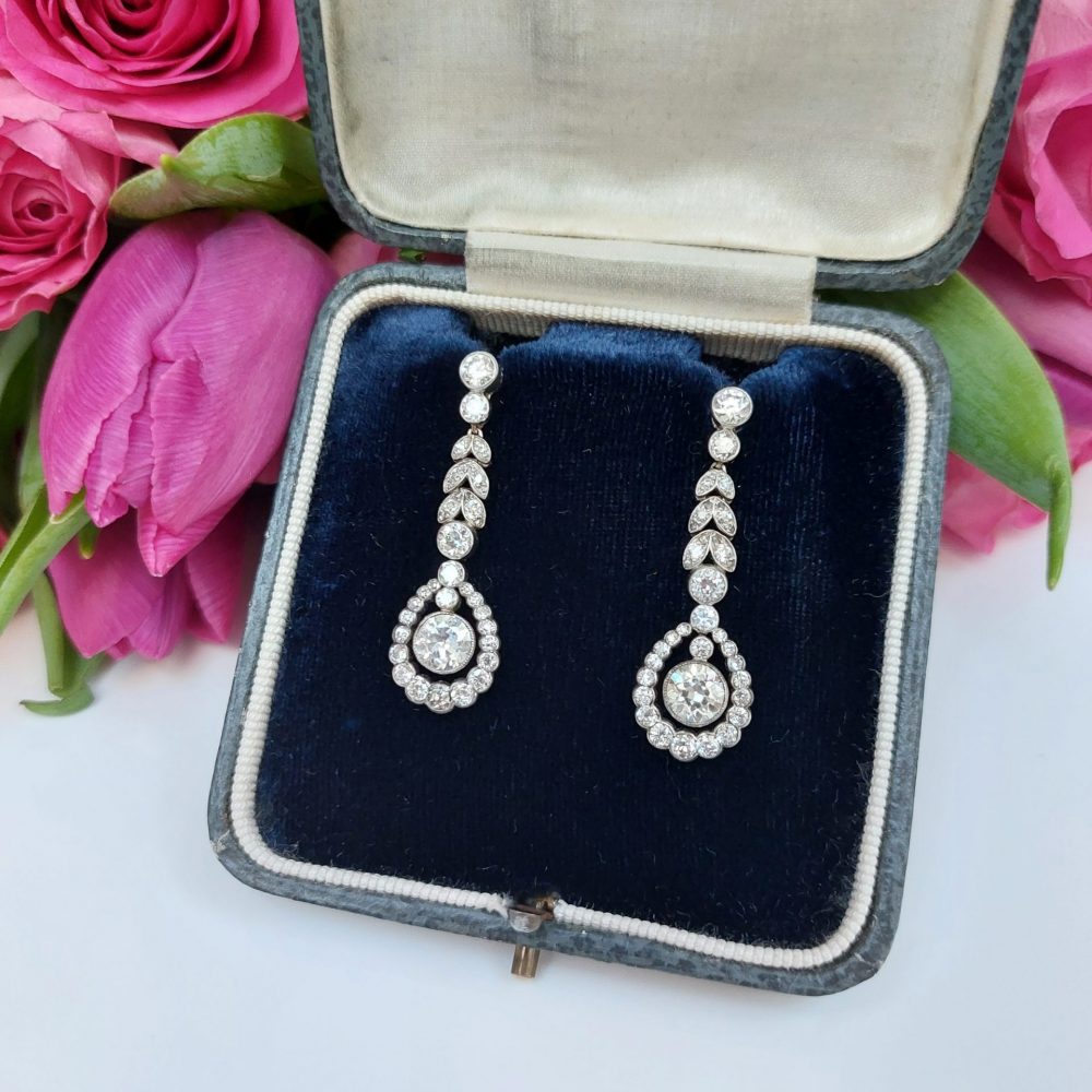 Antique Belle Epoque Old Cut Diamond Drop Earrings in Platinum, 3.10 carat total