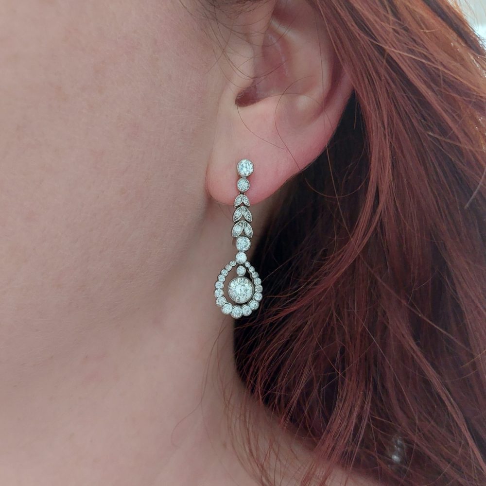 Antique Belle Epoque Old Cut Diamond Drop Earrings Platinum 3.10 carats