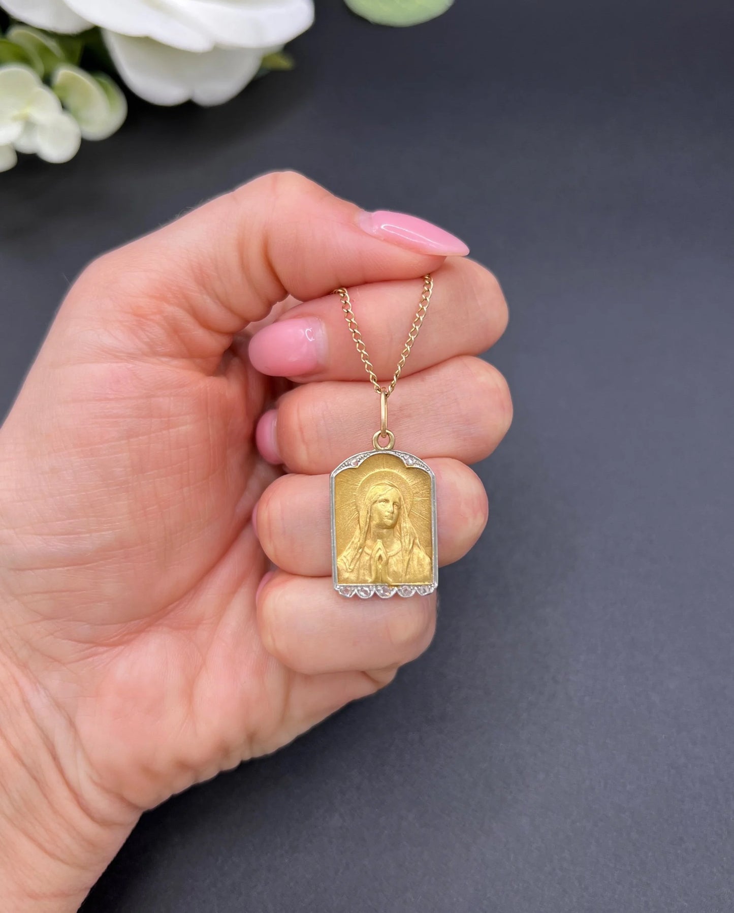 Antique 18 Carat Gold Diamond Set Madonna Religious Pendant, Circa 1910