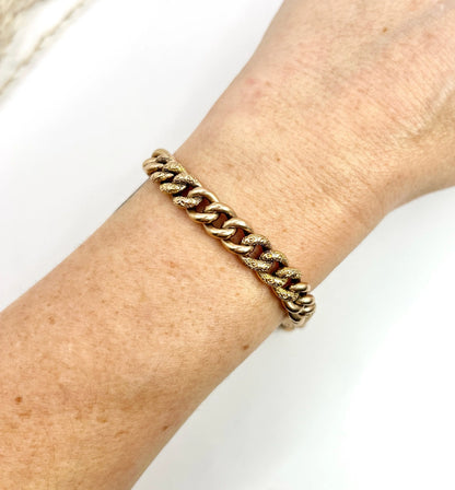 Edwardian 9 Carat Rose Gold Night and Day Floral Curb Bracelet with Large Bolt Ring