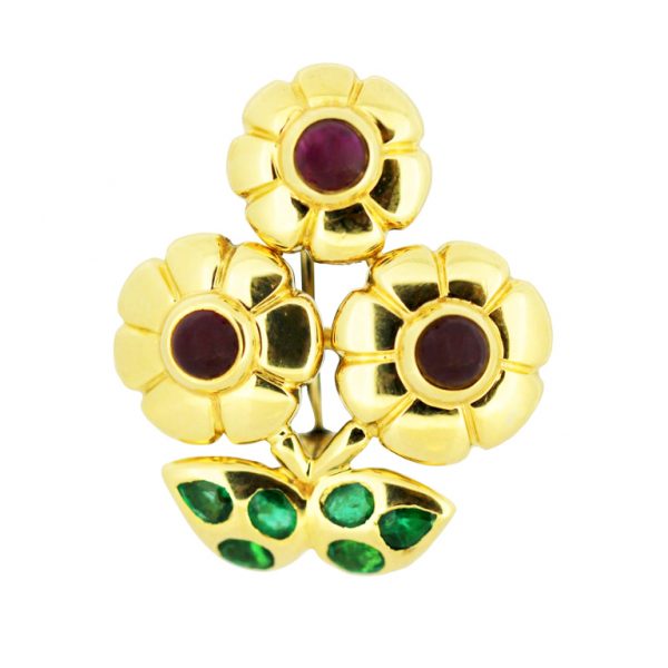 Cartier Floral Flower Brooch set with Rubies and Emeralds, 18ct Yellow Gold