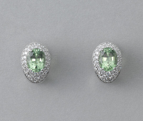 Contemporary Green Tourmaline and Diamond Cluster Stud Clip On Earrings