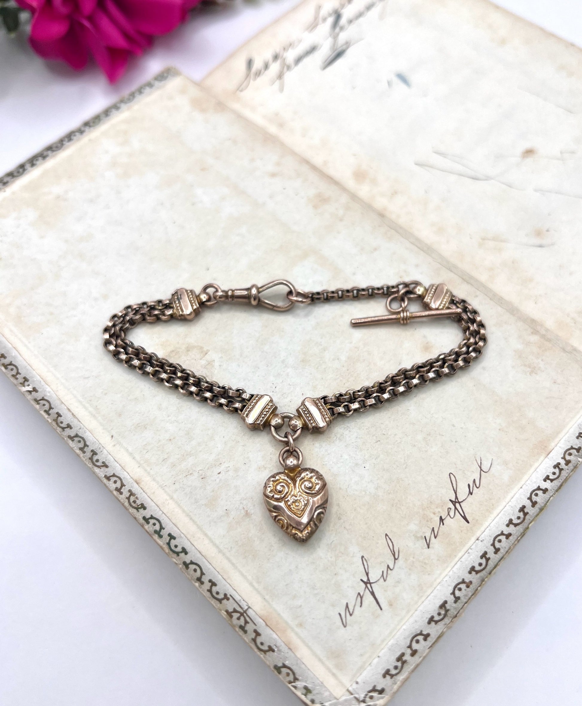 Antique 9 ct Gold, Victorian Belcher Link Heart And T-bar Albertina Bracelet