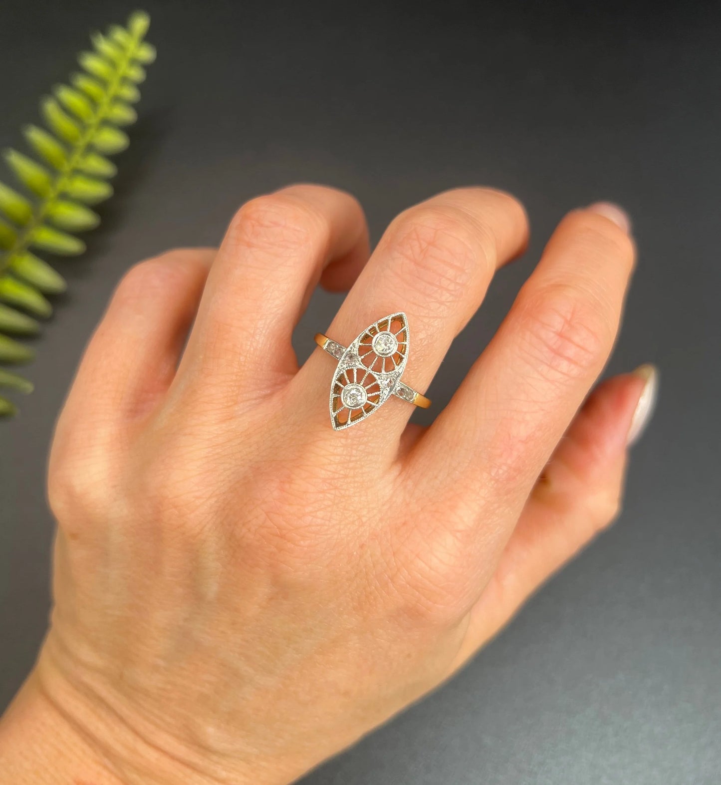 Antique 18 ct Gold And Platinum Open Work Diamond Marquise/Navette Shaped Ring