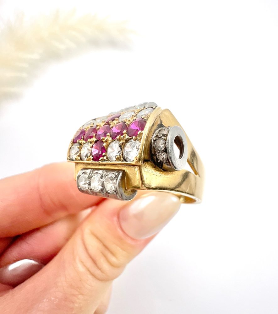 Late Art Deco French Ruby and Diamond Cross Tank Cocktail Ring