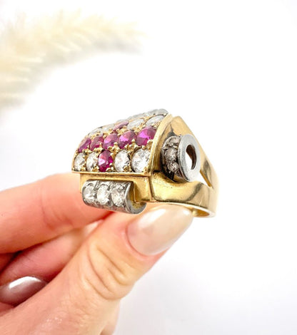 Late Art Deco French Ruby and Diamond Cross Tank Cocktail Ring