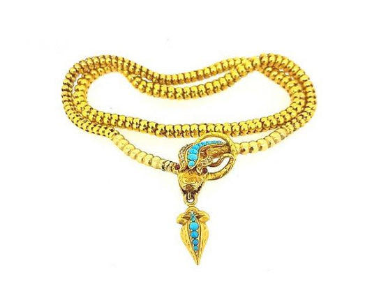 Antique Georgian Gold Turquoise Ruby and Diamond Snake Necklace