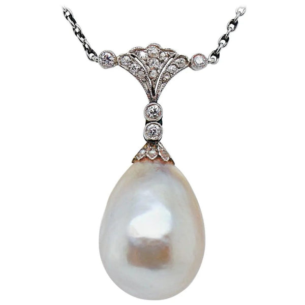 Edwardian Antique Natural Saltwater Pearl and Old Cut Diamond Pendant Necklace