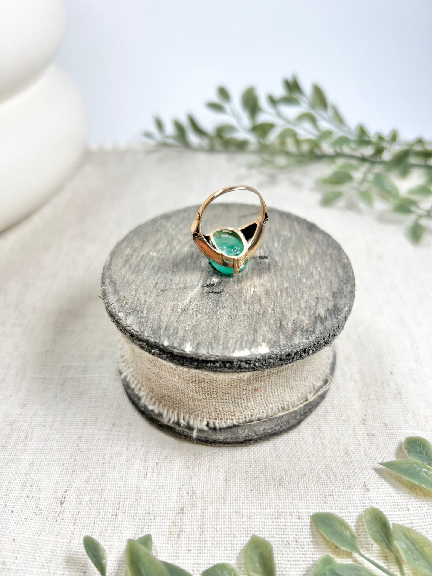 Vintage 14 Carat Rose Gold Cabochon Emerald and Diamond Ring, Circa 1960